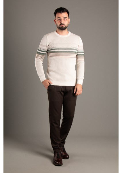Erkek Krem Çizgili Fitilli O Yaka Triko fiyatları