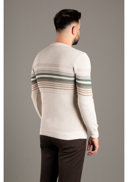Erkek Krem Çizgili Fitilli O Yaka Triko modelleri