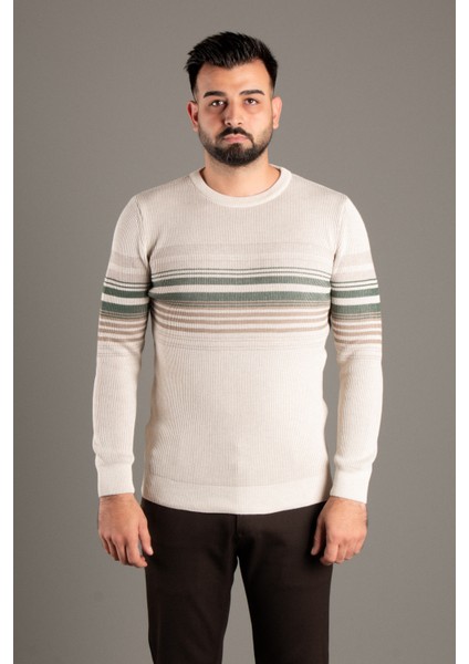 Erkek Krem Çizgili Fitilli O Yaka Triko fırsatları