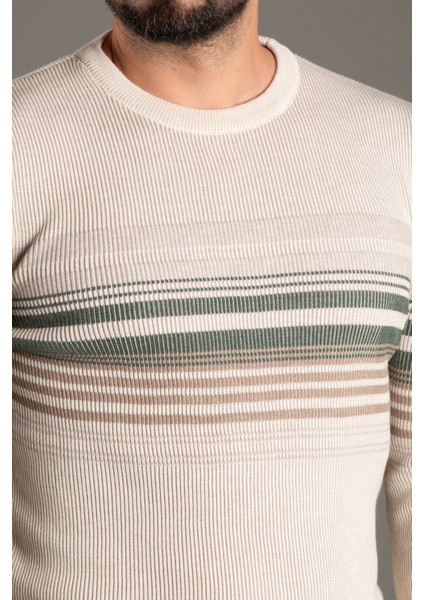 Erkek Krem Çizgili Fitilli O Yaka Triko indirimleri