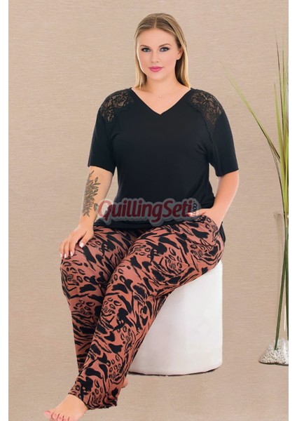 Somon Renk ve Desenli 110 Kısa Kollu Kadın Büyük Beden Anne Pijama Takımı fiyatları