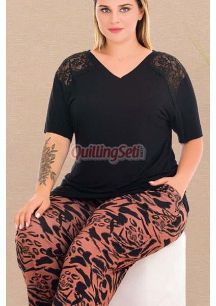 Somon Renk ve Desenli 110 Kısa Kollu Kadın Büyük Beden Anne Pijama Takımı fırsatları