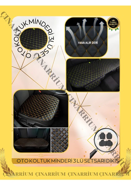 Renault Clio 2 1998-2004 Ön ve Arka Takım Koltuk Minderi Kılıf Siyah Suni Deri Sarı Dikişli