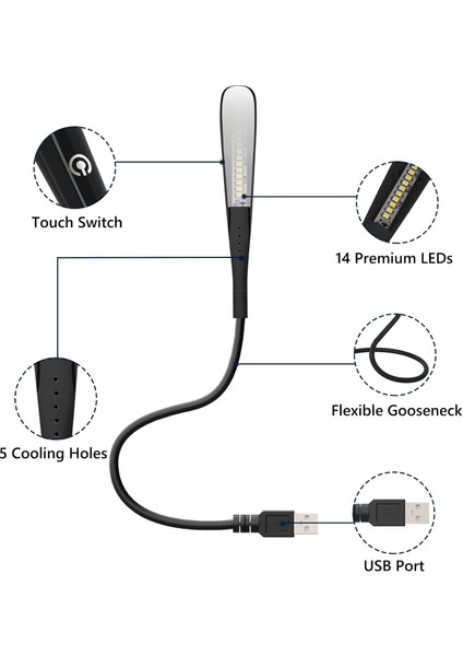 Bilgisayar USB LED Okuma Lambası 14 LED 3 Kademe Dokunmatik Kısılabilir Işık 360° Esnek Kuğu Boynu modelleri