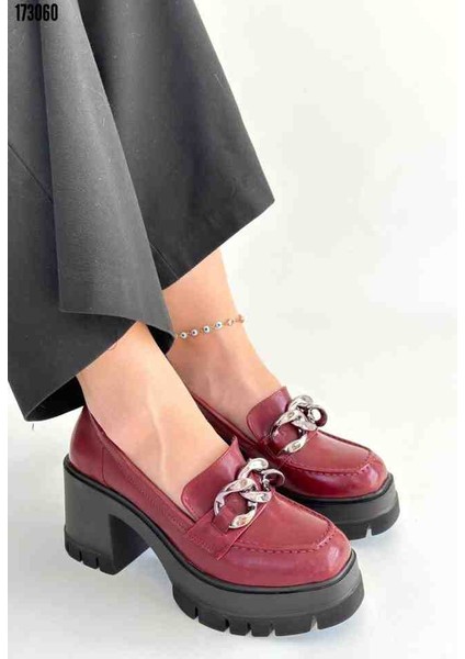 Winar Bordo Rugan Dolgu Topuk Ayakkabı, Kırmızı Gül Figürlü Kolye Hediye