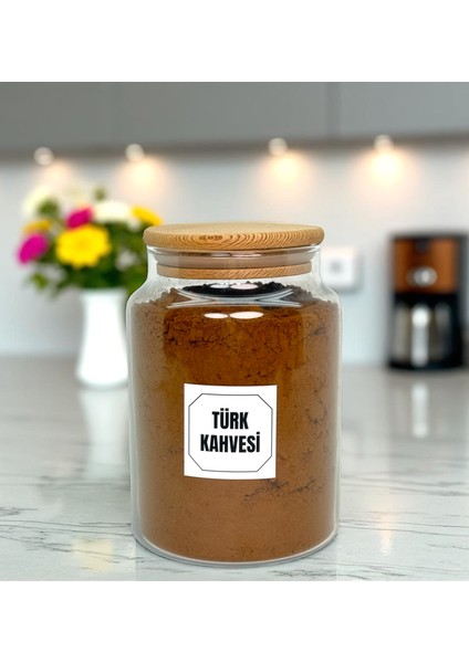Ahşap Vakum Kapaklı Cam Saklama Kavanozu 800 ml Türk Kahvesi Etiketi Hediyeli