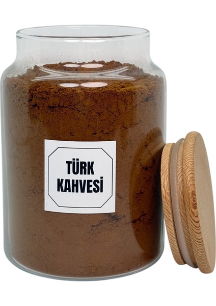 Ahşap Vakum Kapaklı Cam Saklama Kavanozu 800 ml Türk Kahvesi Etiketi Hediyeli