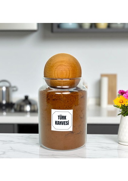 Ahşap Top Kapaklı Cam Saklama Kavanozu 800 ml Türk Kahvesi Etiketi Hediyeli fırsatları