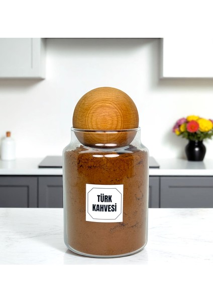 Ahşap Top Kapaklı Cam Saklama Kavanozu 800 ml Türk Kahvesi Etiketi Hediyeli