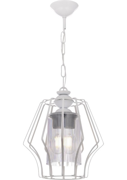 Vazo Tekli Avize – Beyaz, Şeffaf Cam Detaylı, Modern Metal Dekoratif Tasarım | E27 Duy