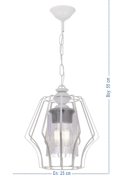 Vazo Tekli Avize – Beyaz, Şeffaf Cam Detaylı, Modern Metal Dekoratif Tasarım | E27 Duy fiyatları