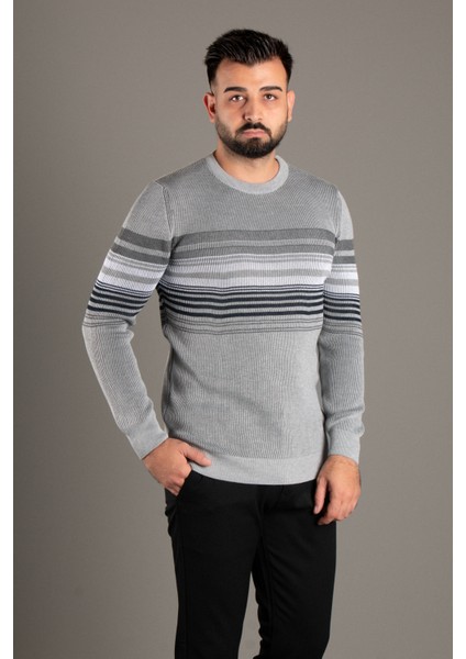 Erkek Gri Çizgili Fitilli O Yaka Triko