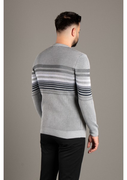 Erkek Gri Çizgili Fitilli O Yaka Triko modelleri