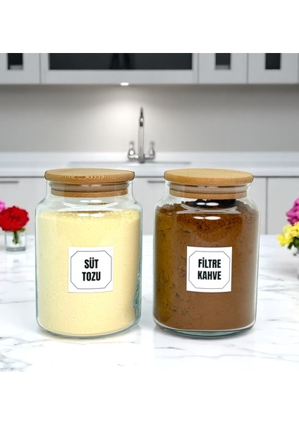 2'li Ahşap Vakum Kapaklı Cam Süt Tozu Filtre Kahve Saklama Kavanozu Seti 800 ml Etiket Hediyeli