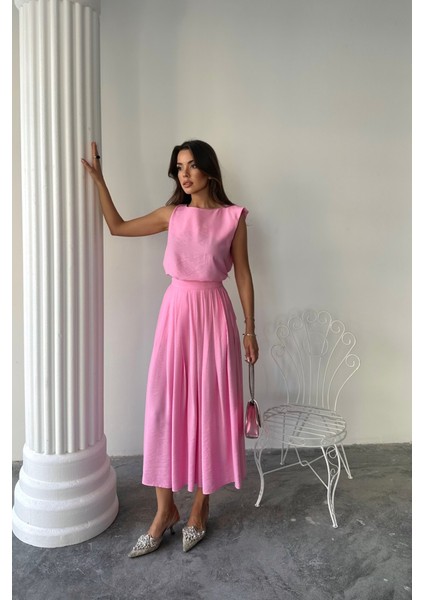 Keten Kolsuz Bluz - Maxi Etek Takım - Pembe modelleri