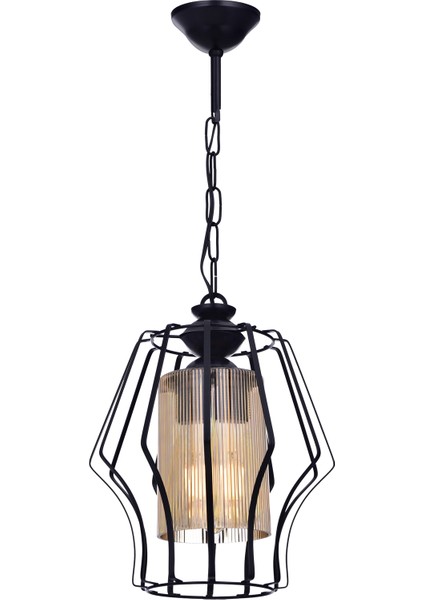 Vazo Tekli Avize – Siyah, Bal Renkli Camlı, Modern Metal Dekoratif Tasarım | E27 Duy