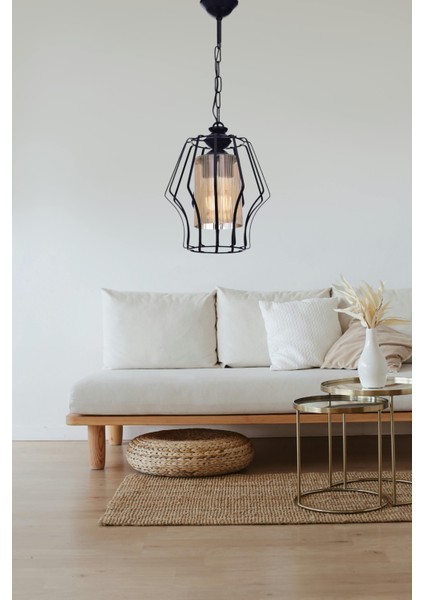 Vazo Tekli Avize – Siyah, Bal Renkli Camlı, Modern Metal Dekoratif Tasarım | E27 Duy modelleri