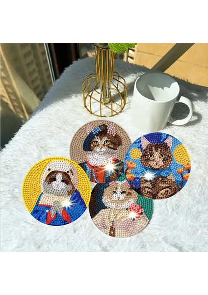 Elmas Boyama Seti Bardak Altlığı Sanatsal Kedi Temalı 8 Parça Dıy modelleri