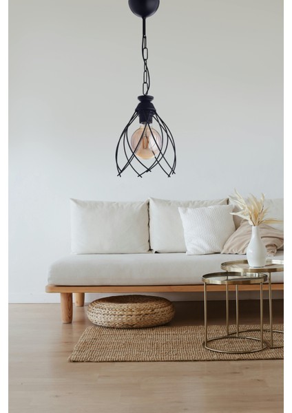 Selin Tekli Sarkıt Avize – Siyah Metal Tel Kafes Tasarım, Modern ve Endüstriyel Stil | E27 Duy modelleri