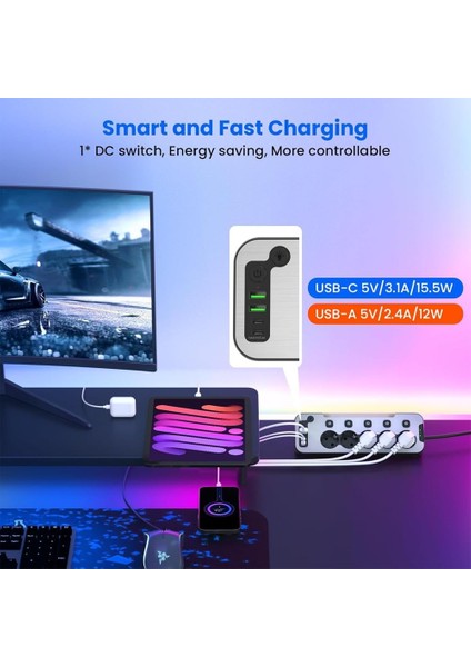 Nekuba Bağımsız Anahtarlı LED Aydınlatmalı 5'li Işıklı Akım Korumalı Köşeli Çoklu Priz, 2x USB - 2x Type-C Giriş, Metal Ön Panel fiyatları