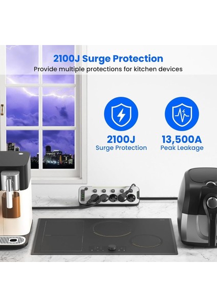 Nekuba Bağımsız Anahtarlı LED Aydınlatmalı 5'li Işıklı Akım Korumalı Köşeli Çoklu Priz, 2x USB - 2x Type-C Giriş, Metal Ön Panel