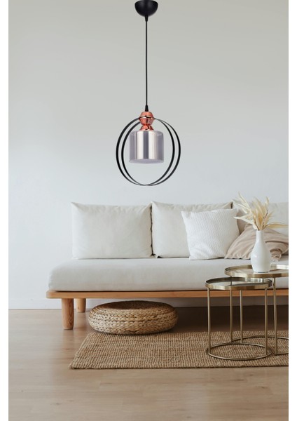 Elif Tekli Sarkıt Avize – Siyah, Füme Camlı, Bakır Detaylı Modern Dekoratif Tasarım | E27 Duy modelleri