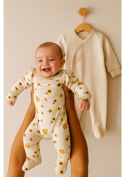 Tuembaby Balarısı Desen- Düz Desen Uzun Kollu Patikli Unisex Bebek Tulumu