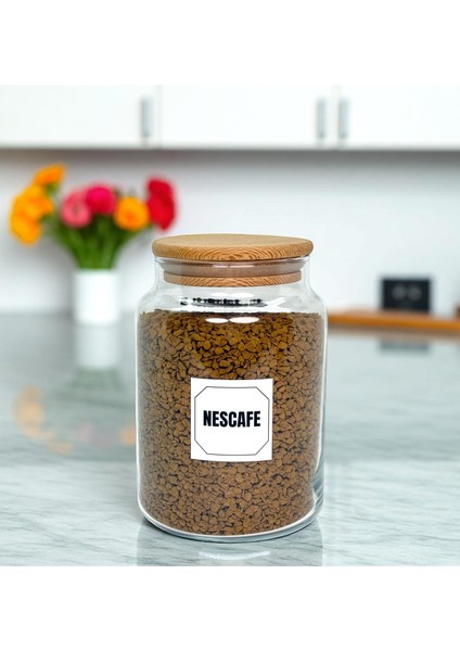 Ahşap Vakum Kapaklı Cam Saklama Kavanozu 800 ml Hazır Kahve Etiketi Hediyeli
