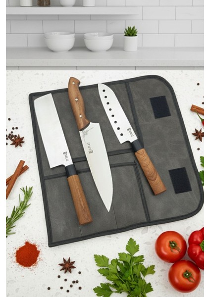 Isme Özel 3 Parça Deri Çantalı Şef Bıçak Seti Şeflere Özel Deluxe Seri