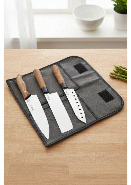 Isme Özel 3 Parça Deri Çantalı Şef Bıçak Seti Şeflere Özel Deluxe Seri modelleri