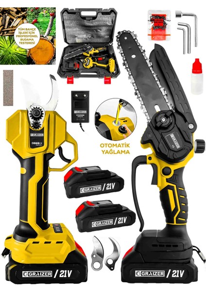2 Li Set S 21 Vf 2 Akülü Çelik Şanzuman 2 Pala 2 Zincirli Şarjlı Ağaç Dal Kesme Bağ Budama Makası