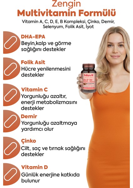 Omega 3, Epa - Dha, Demir, Folik Asit, Vitamin B, C, D, E, Çinko, Iyot Içeren Multivitamin fiyatları