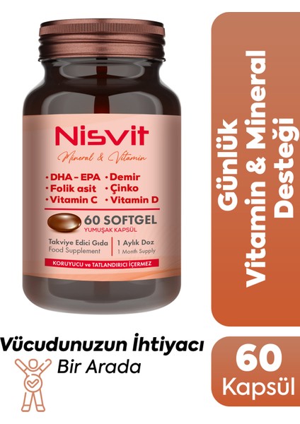 Omega 3, Epa - Dha, Demir, Folik Asit, Vitamin B, C, D, E, Çinko, Iyot Içeren Multivitamin