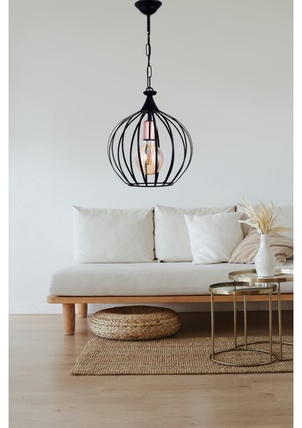 Gezegen Tekli Sarkıt Avize – Siyah, Bakır Detaylı, Metal Dekoratif Tasarım | E27 Duy