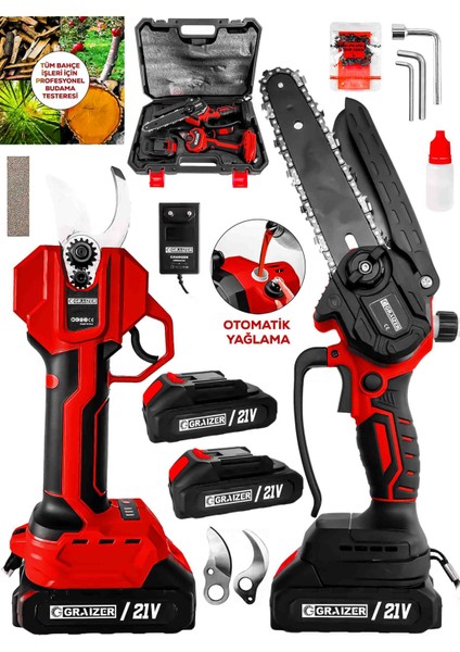 2 Li Set K 21 Vf 2 Akülü Çelik Şanzuman 2 Pala 2 Zincirli Şarjlı Ağaç Dal Kesme Bağ Budama Makası