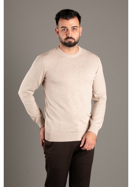 Erkek Bej Basic O Yaka Triko