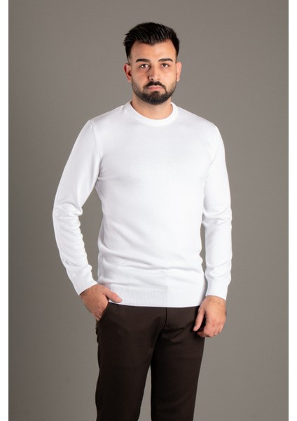 Erkek Beyaz Basic O Yaka Triko