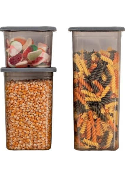3'lü Set Sızdırmaz Kapaklı Kare Erzak Saklama Kabı 650ML - 1300ML - 1900ML Antrasit
