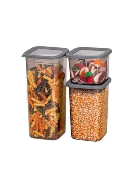 3'lü Set Sızdırmaz Kapaklı Kare Erzak Saklama Kabı 650ML - 1300ML - 1900ML Antrasit modelleri