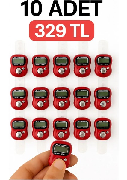 10 Adet Kırmızı Zikirmatik – Dijital Parmak Tipi Yüzük Tesbih, Namaz Zikir Sayacı