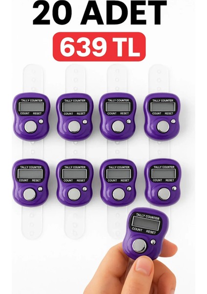 20 Adet Mor Zikirmatik – Dijital Parmak Tipi Yüzük Tesbih, Namaz Zikir Sayacı