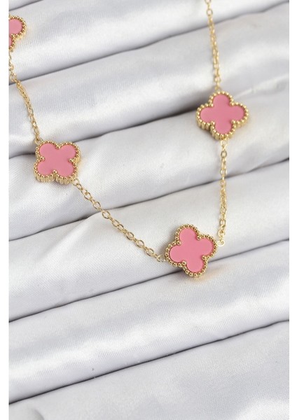 316L Çelik Zincir Gold Pembe Renk Yonca Kadın Kolye