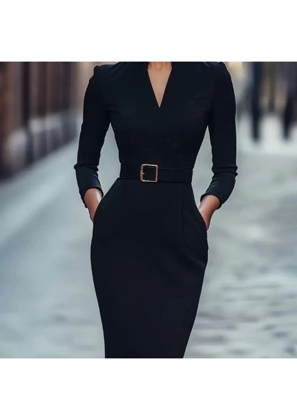 Mdb Kadın Uzun Kollu Hakim Yaka Beli Kemerli Cepli Midi Ithal Krep Elbise
