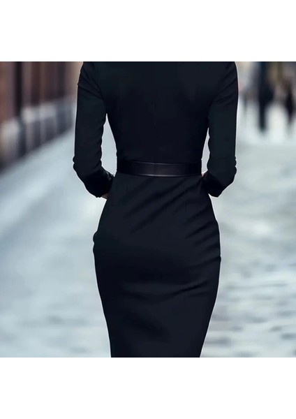 Mdb Kadın Uzun Kollu Hakim Yaka Beli Kemerli Cepli Midi Ithal Krep Elbise fiyatları