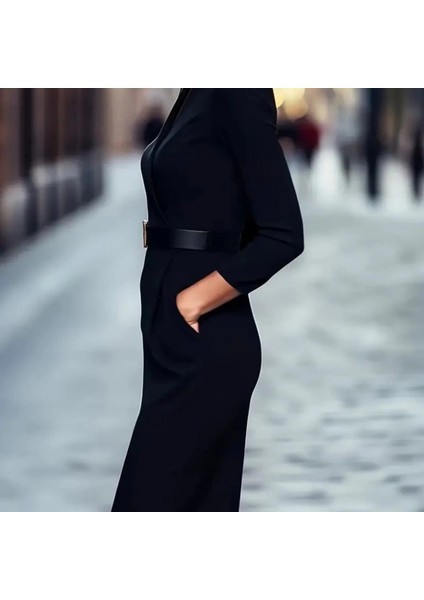 Mdb Kadın Uzun Kollu Hakim Yaka Beli Kemerli Cepli Midi Ithal Krep Elbise modelleri