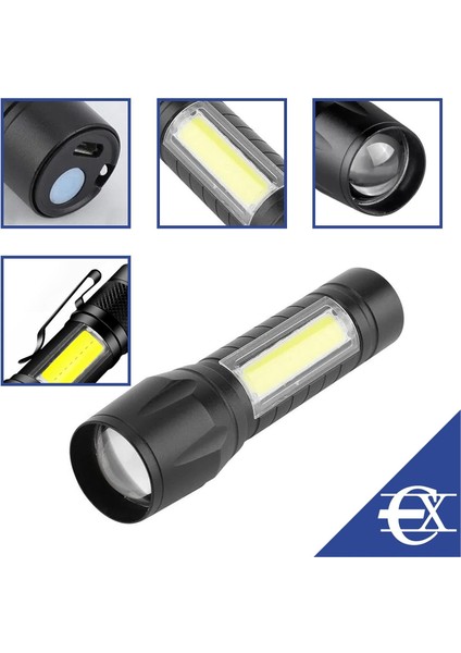 USB Şarjlı Zoomlu LED El Feneri Yan Çalışma Lambalı Su Geçirmez Mini El Feneri modelleri