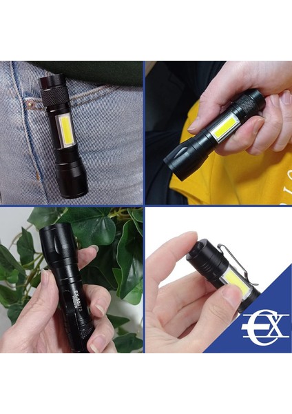 USB Şarjlı Zoomlu LED El Feneri Yan Çalışma Lambalı Su Geçirmez Mini El Feneri indirimleri