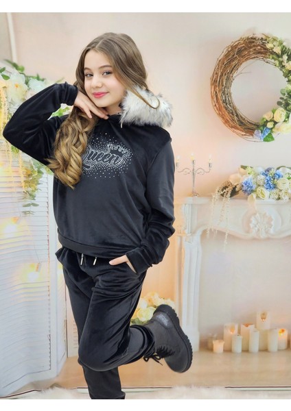 Kadife Kapşonlu Kız Eşofman Takım