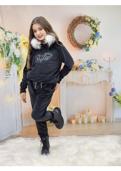 Kadife Kapşonlu Kız Eşofman Takım