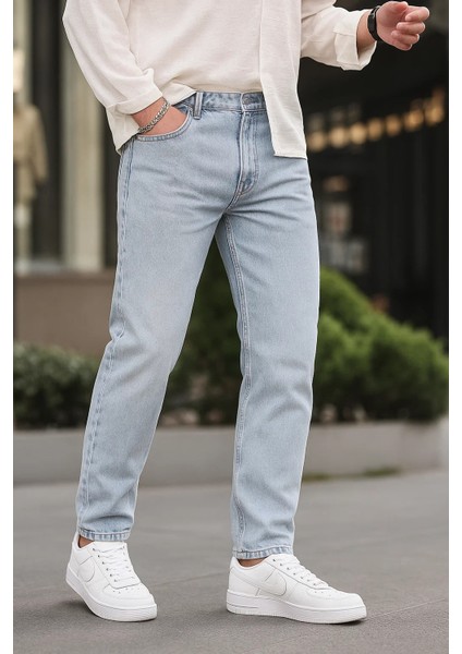 Erkek Bol Paça Basic Esnek Buz Mavi Kot Pantolon